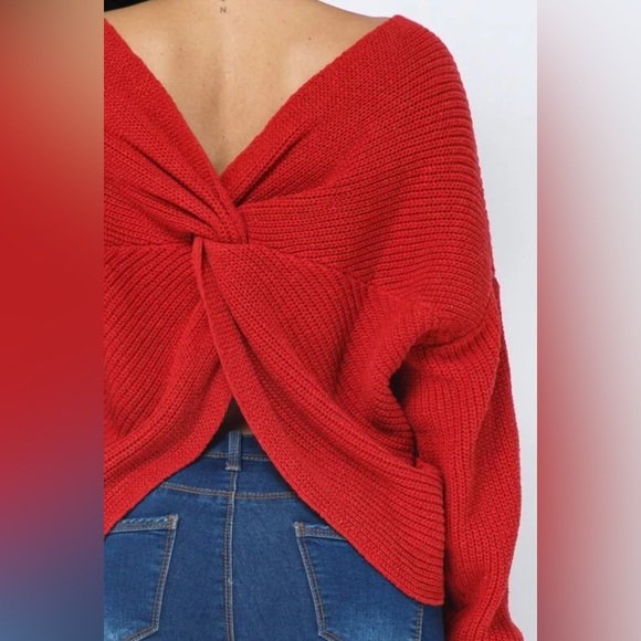 Sexy Red Twist Open Back Loose Fit V Neck Cozy Knit Sweater Size Medium - Picture 13 of 13